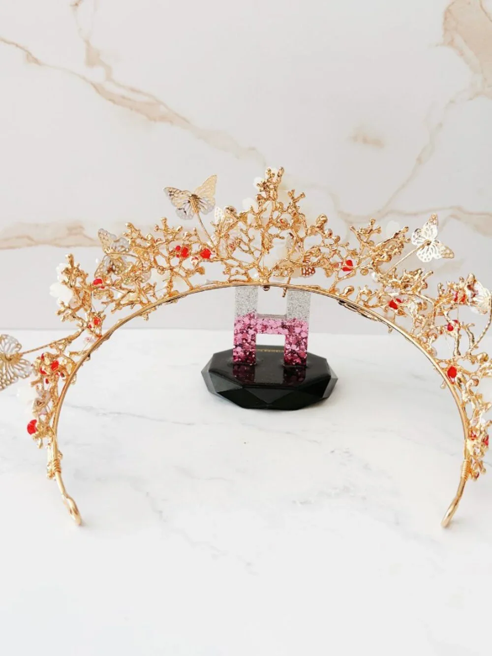 Red Crystal Butterfly Crown, Gold Floral Tiara, Wedding Bridal Headpiece